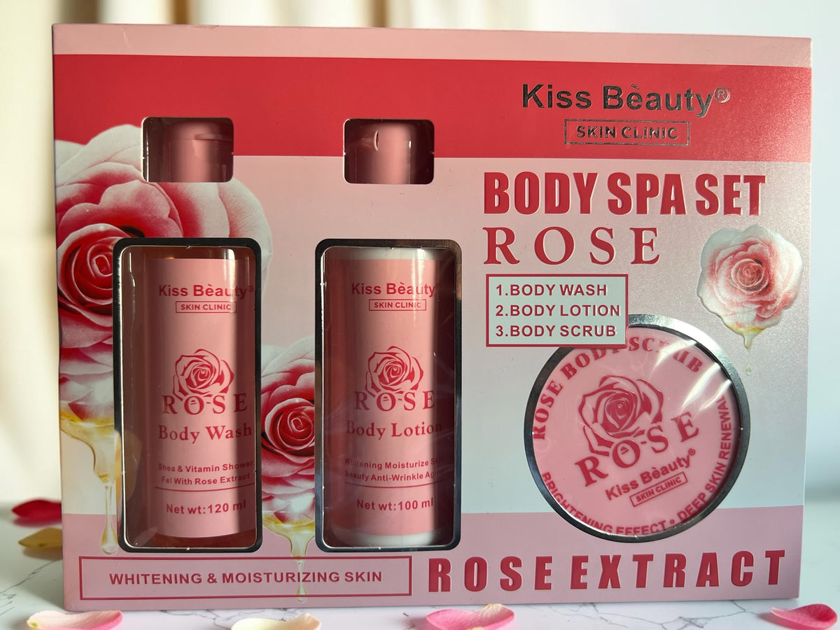 Set de spa corporal Selsebil Kiss Beauty con extracto de rosa, incluye gel de ducha, loción hidratante y exfoliante.